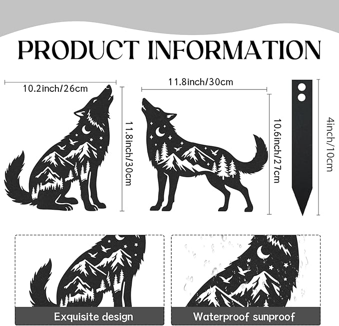 Wolf Decor Garden Stakes - 2 Pcs Metal Howling Animal Statues Outdoor Decoration Yard Patio Lawn Art Ornaments Black Figurine Decorative Backyard Porch Sign Christmas New Year Gifts for Men