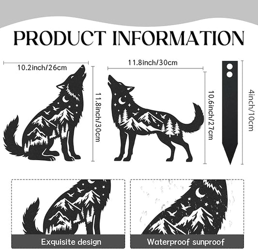 Wolf Decor Garden Stakes - 2 Pcs Metal Howling Animal Statues Outdoor Decoration Yard Patio Lawn Art Ornaments Black Figurine Decorative Backyard Porch Sign Christmas New Year Gifts for Men