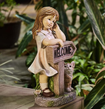 Girl Garden Statue with Solar LED Lights, Solar Girl Welcome Sign with Cat Garden Statue for Outdoor Decor, Porch, Patio, Yard Art Decorations, Polyresin 17.3 inch