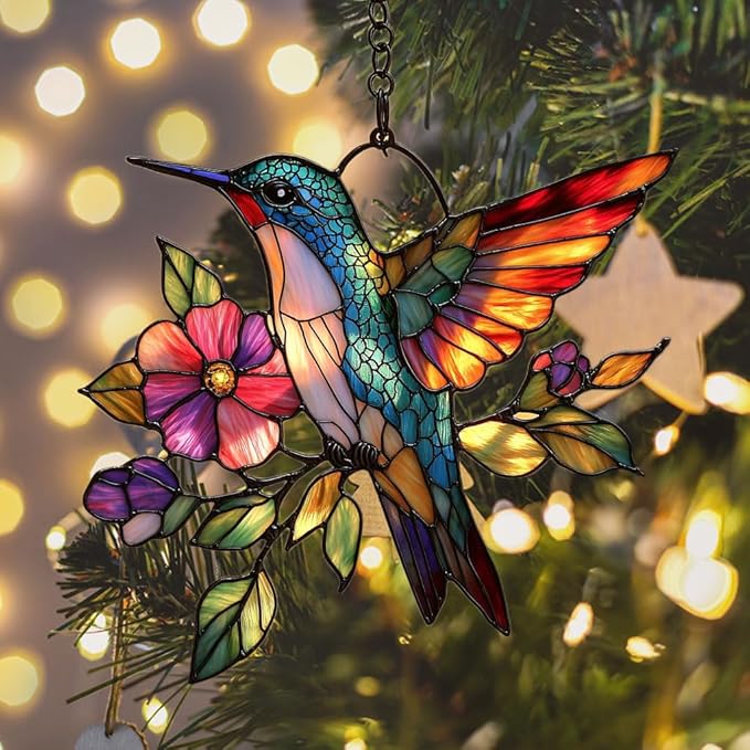 Flowers and Hummingbird Acrylic Suncatcher Stained Glass Effect Window Car Hanging Christmas Ornament Indoor Outdoor Decor Garden Sun Catcher Panel for Hummingbird Lover for Women Mom Grandma