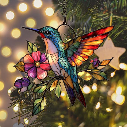 Flowers and Hummingbird Acrylic Suncatcher Stained Glass Effect Window Car Hanging Christmas Ornament Indoor Outdoor Decor Garden Sun Catcher Panel for Hummingbird Lover for Women Mom Grandma