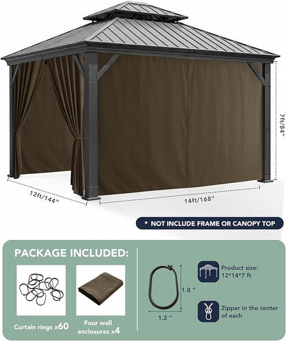 Patio Curtains Outdoor Waterproof - 12'Wx14'Lx7'H Windproof Pergola Outside Sidewall Drapes with Zipper, 4 Panels Gazebo Universal Replacement Privacy Curtains for Backyard Garden, Brown