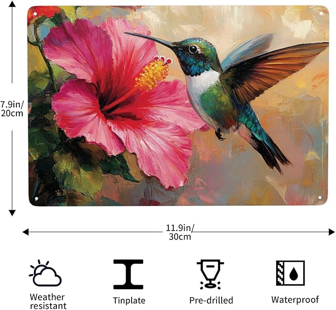 Cafemira Bird &Hibiscus flower Metal tin sign,home Art Decor poster,Wall Decoration Tinplate plaque,for living room,cafe,Bedroom,Garden,Yard,Patio,8x12 Inch,gift for friend family,easy to hang