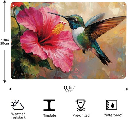 Cafemira Bird &Hibiscus flower Metal tin sign,home Art Decor poster,Wall Decoration Tinplate plaque,for living room,cafe,Bedroom,Garden,Yard,Patio,8x12 Inch,gift for friend family,easy to hang