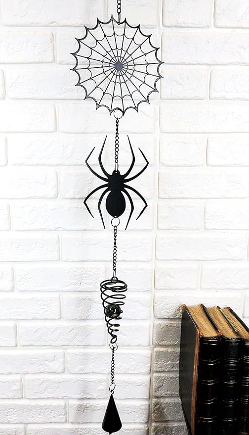 Ebros Gift Arachnid Spider Web Cobweb Black Coated Steel Metal Wall Hanging Wind Chime with Beads Home and Patio Decor Gothic Halloween Macabre Spiders Webs Mobile Noisemaker