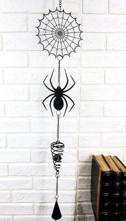 Ebros Gift Arachnid Spider Web Cobweb Black Coated Steel Metal Wall Hanging Wind Chime with Beads Home and Patio Decor Gothic Halloween Macabre Spiders Webs Mobile Noisemaker