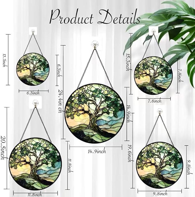 Funoasis Stained Glass Window Hanging 6.3 Inches Suncatcher - The Green Tree On The Mountaintop Ornaments Sun Catcher Home Decor Women Birthday