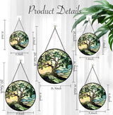 Funoasis Stained Glass Window Hanging 6.3 Inches Suncatcher - The Green Tree On The Mountaintop Ornaments Sun Catcher Home Decor Women Birthday