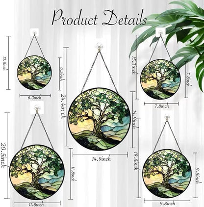 Funoasis Stained Glass Window Hanging 6.3 Inches Suncatcher - The Green Tree On The Mountaintop Ornaments Sun Catcher Home Decor Women Birthday