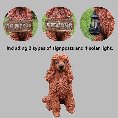 Poodle Dog Garden Statue with Solar Lantern & Double-Sided Welcome Sign, 14.4" Tall Outdoor Pet Sculpture Decor for Front Porch, Patio, Yard and Lawn, Dog Lover Gifts (Brown)