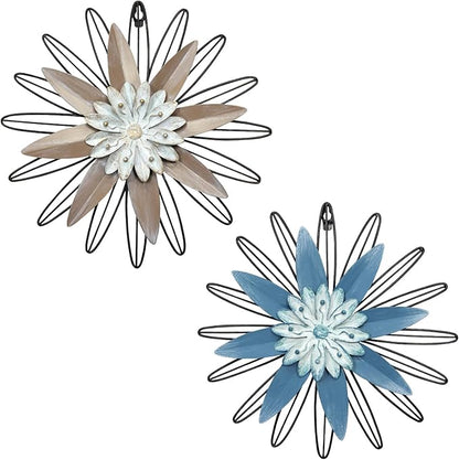 LIFFY Metal Flowers Wall Arts, 2 Pieces 3D Minimalist Flower Wall Decor for Living Room, Bedroom, Sunroom and Outdoor Spaces, Housewarming Gifts(11", blue&khaki)