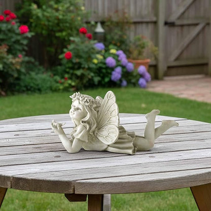 Lying Fairy Garden Statue with Bird – Resin Angel Figurine for Outdoor Garden Decor, Fairy Garden Sculpture for Yard, Patio or Flower Bed – 11" Garden Fairy Figurine