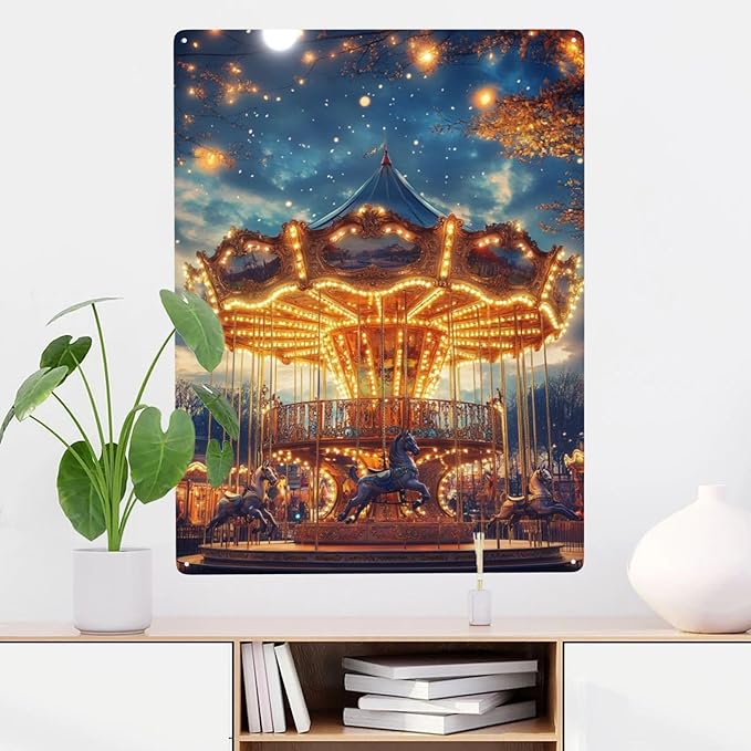 Tin sign Classic Carousel,Metal signs wall decor,Exquisite art plaque poster,for office,studio,living room,kids room,bar,cafe,Garden,Practical decorative Gifts,Easy to hang,12x16 inch