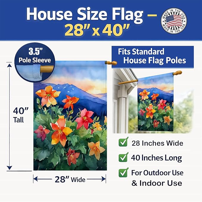 Caroline's Treasures Colorado Rocky Mountain Columbine in Watercolor House Flag Large Porch Sleeve Pole Decorative Outside Yard Banner Artwork Wall Hanging, Polyester, House Size, Multicolor
