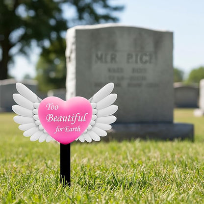 Angel Heart Memorial Grave Stake with Too Beautiful for Earth - Metal Sympathy Grave Marker, Rust-Resistant Outdoor Cemetery Decoration(Heart Angel)