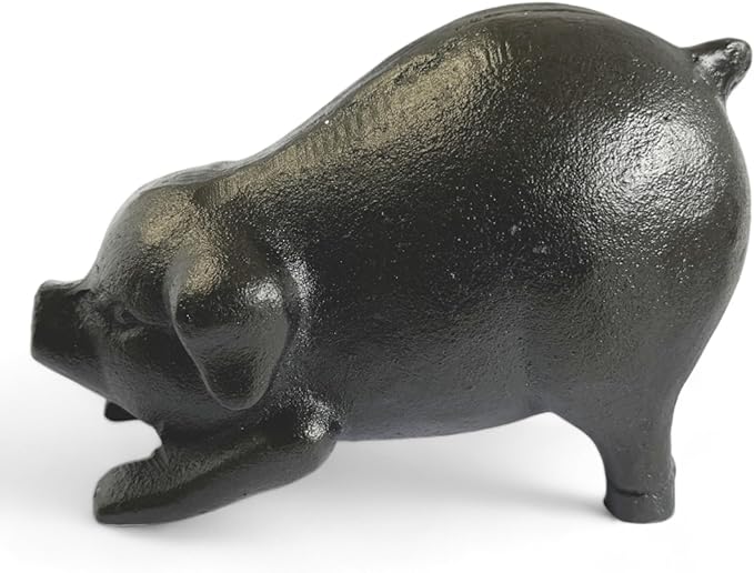 NACH Cast Iron Pig Statue - Rustic Garden Sculpture, Black Door Stop/Paperweight, Head Down Pig, JS-90-7152