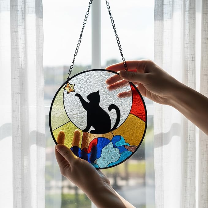 Black Cat Stained Glass Window Hanging Ornament, Cat Suncatcher Indoor Wall Art, Boho Cottagecore Moon Kitten Wall Hanging Decorations, Gifts for Cat Lovers, 5.9''