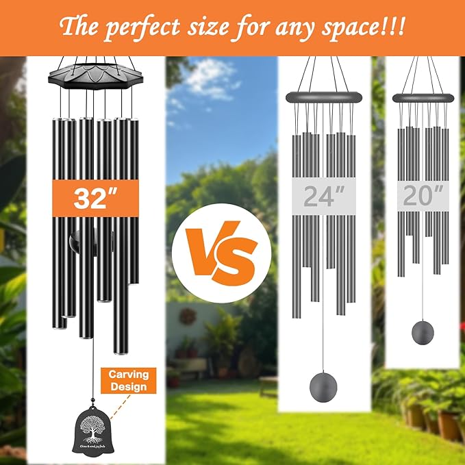 Wind Chimes for Outside - 6 Tubes 32" Wind Chimes for Loss of Loved One, Retirement & Outdoor Patio Yard Decoration, Retired Gift for Mom Women Grandma Neighbors Garden Décor Black