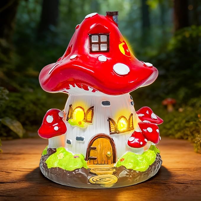 Exasinine Mushroom House Statue Fairy Garden House Figurines Mushroom Garden Statue Decor for Indoor Outdoor Decoration Art Decorations Patio Yard Lawn Ornaments Gift