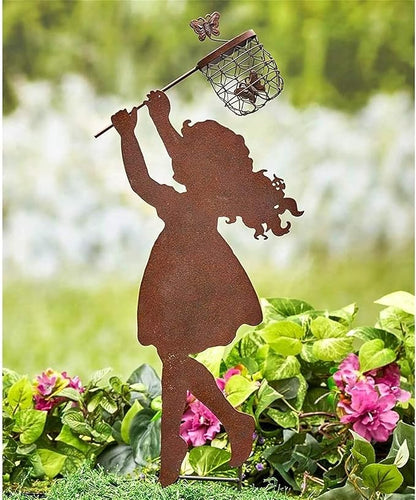 Boy Girl Silhouettes Chasing Butterfly Vintage Metal Garden Silhouette Sculpture, Yard Garden Metal Stake Rustic Decor Gift for Lawn Family Friends