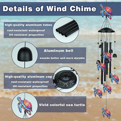 36" Sea Turtle Wind Chimes for Outside that Hum Bright, Cheerful Melodies, Aluminum Windchimes with 4 Tubes & 6 Bells, Sea Turtle Gifts for Women Mom Grandma, Patio Garden Memorial Decor