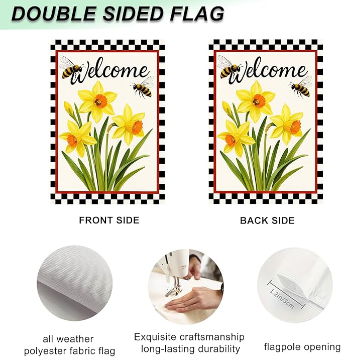 IVN Welcome Garden Flag 12x18 Inch Double Sided Spring Summer Garden Yard Flags Daffodils Bees Decorative Small Flags for Outdoor Seasonal Front Door Lawn Porch Patio Decor Yard Flag