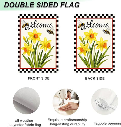 IVN Welcome Garden Flag 12x18 Inch Double Sided Spring Summer Garden Yard Flags Daffodils Bees Decorative Small Flags for Outdoor Seasonal Front Door Lawn Porch Patio Decor Yard Flag