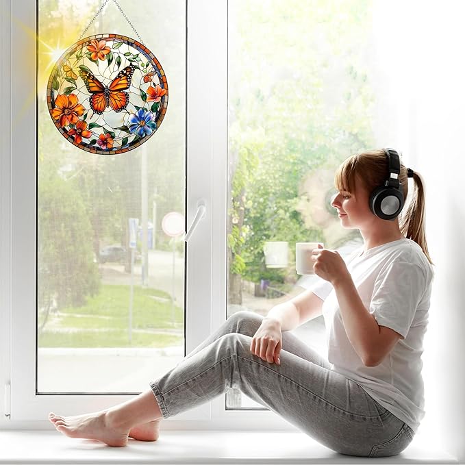 VAIIEYO Butterfly Sun Catcher Stained Glass Window Hanging Ornament, Handmade Sun Catcher Flower Decoration with Hooks for Window Garden Home, Mother's Day & Birthday Housewarming Gift (7.8 inch)