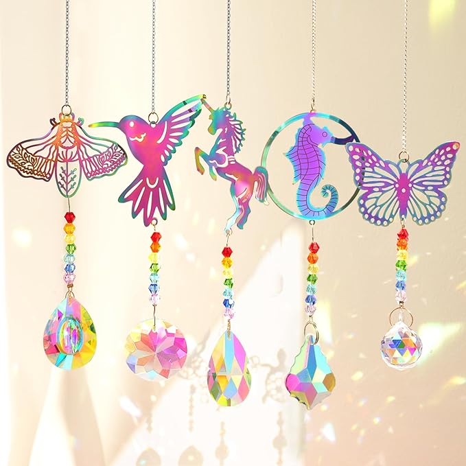 Crystal Suncatchers with Prisms Hanging Window Sun Catcher Decor Indoor Rainbow Maker Ornament Hummingbird Butterfly Prism Suncatchers Gift, Animal Sun Catchers Pack of 5