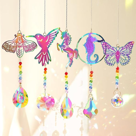 Crystal Suncatchers with Prisms Hanging Window Sun Catcher Decor Indoor Rainbow Maker Ornament Hummingbird Butterfly Prism Suncatchers Gift, Animal Sun Catchers Pack of 5