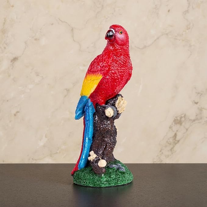 Decorative Tropical Parrot Garden Statue, Bird Red Scarlet Macaw Parrot Perching On Tree Branch Decorative Figurine Parrots Birds Vibrant Colors Accent Forest Nature Sculpture Decors