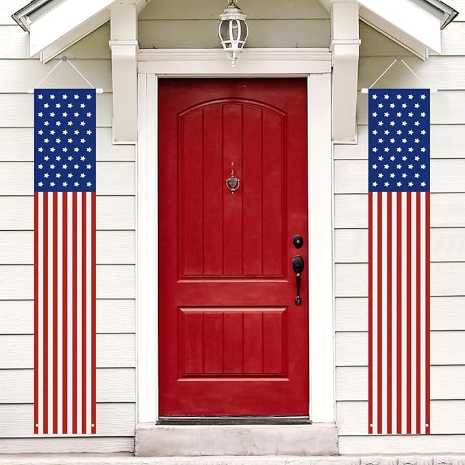 Babycop 4th of July Decorations Outdoor – Patriotic American Flag Porch Banners (2 Pcs) – Red White Blue Hanging Signs for July Fourth, Memorial Day, Veterans Day, Independence Day Yard Decor