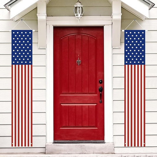 Babycop 4th of July Decorations Outdoor – Patriotic American Flag Porch Banners (2 Pcs) – Red White Blue Hanging Signs for July Fourth, Memorial Day, Veterans Day, Independence Day Yard Decor