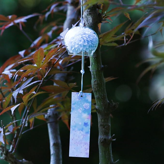 Japanese Wind Chime Glass Outdoor Ornament for Garden, Patio & Balcony, Hanging Wind-Bell Decoration Gift, Blessing Pendant Windchimes & PVC Wind-Catcher, Blue Flower