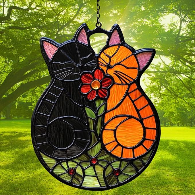 Cute Loving Couple Cats Acrylic Suncatcher Stained Glass Effect Window Car Hanging Christmas Ornament Indoor Outdoor Decor Garden Sun Catcher Panel Gifts for Cat Lover for Women Mom Grandma