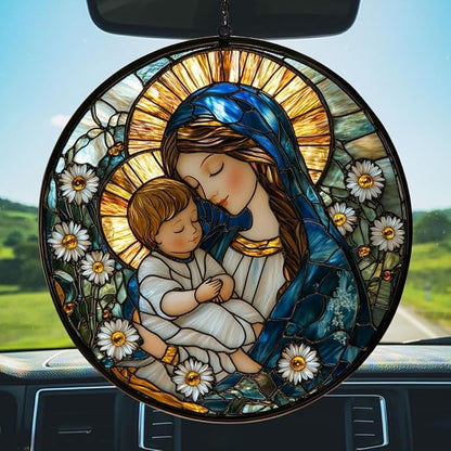 Virgin Mary Acrylic Suncatcher Stained Glass Effect Window Car Hanging Christmas Ornament Indoor Outdoor Decor Garden Memorial Sun Catcher for Family Christmas Jesus Gift for Women Mom Grandma