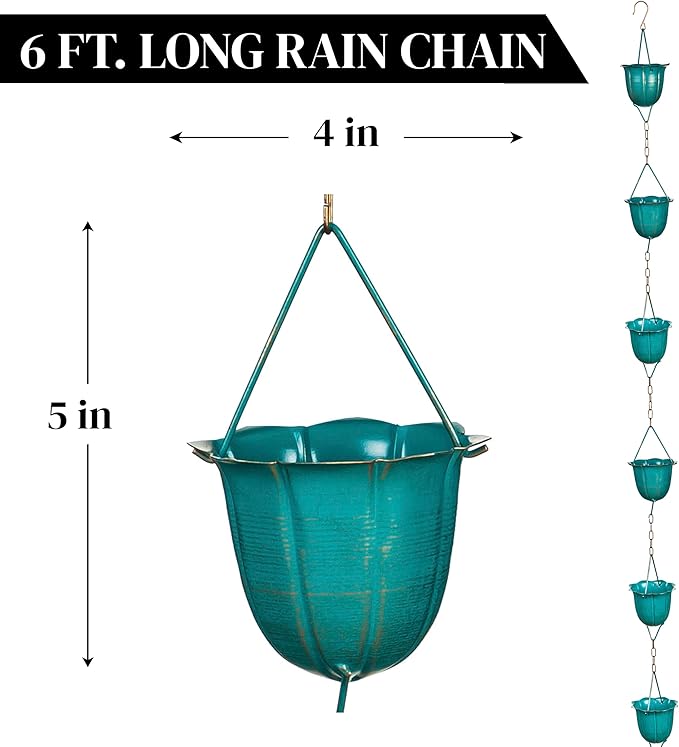 Evergreen Garden Blue Flower Cups Metal Rain Chains for Gutters | 6 ft. Long | Rain Catcher Chain Replacement Downspout | Decorative Rain Chains for Outside Garden Balcony Porch
