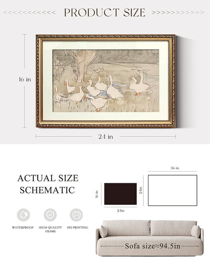 ARPEOTCY Vintage Gold Framed Large Wall Art, Farmhouse Nursery Duck Paintings, Canvas Prints with Antique Picture Frame, Cute Duck Illustration Victorian Wall Decor for Living Room 16x24 inch