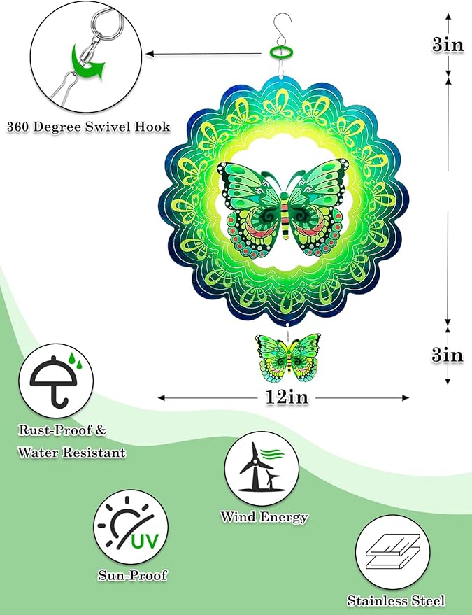 Butterfly Wind Spinners Outdoor Garden Decor for Outside - 12 Inch 3D Stainless Steel Metal Wind Spinners - Butterfly Gardening Gifts for Women, Yard Decorations Outdoor Hanging Decor