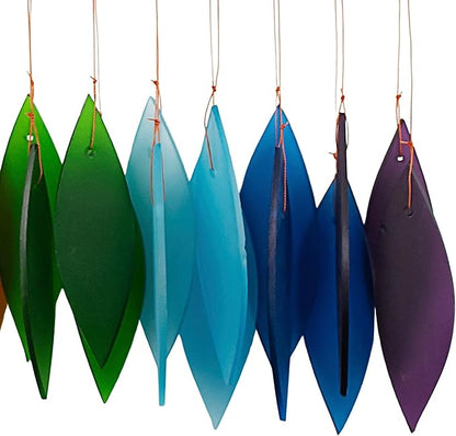 Blue Handworks Rainbow Glass Chime, Sandblasted Glass and Found Wood Handcrafted Wind Chime