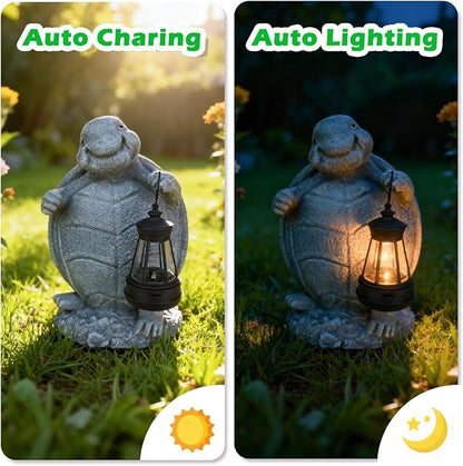 Solar Turtle Garden Statue with Lantern - Cute Outdoor Resin Figurine Light for Patio Lawn Porch Decor - Waterproof Solar Powered Animal Ornament - Unique Housewarming Birthday Gifts for Mom Grandma