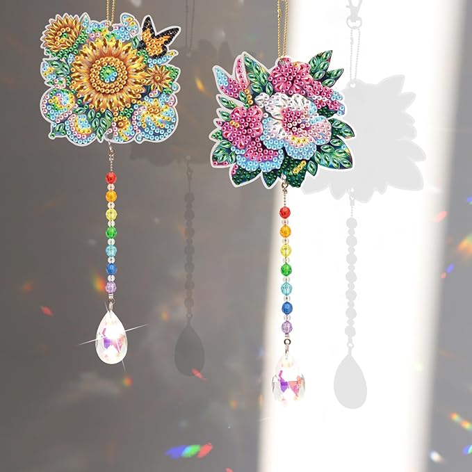 MVVMTOP 2pcs Diamond Art Painting Wind Chime with Crystal Pendant, DIY Flowers Double-Sided Design Special Shape Acrylic Crystal Diamond Ornament, Home Window Garden Hanging Pendant Decoration