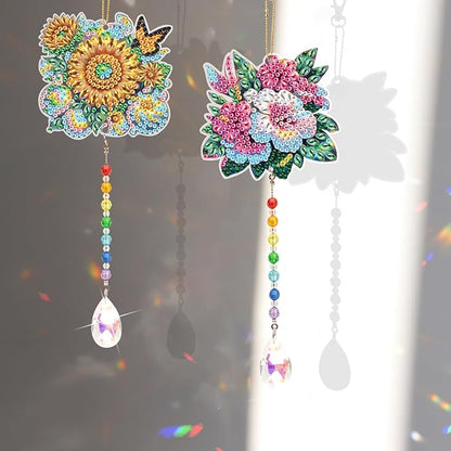 MVVMTOP 2pcs Diamond Art Painting Wind Chime with Crystal Pendant, DIY Flowers Double-Sided Design Special Shape Acrylic Crystal Diamond Ornament, Home Window Garden Hanging Pendant Decoration