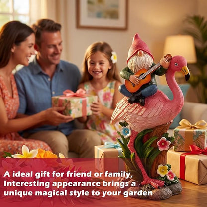 EXYGLO Solar Gnome Garden Decor Statue, 10" Gnome Riding Flamingo Outdoor Funny Decoration for Lawn, Patio, Yard, and Unique Housewarming, Birthday Ornament Gift for Mother, Friend, Family