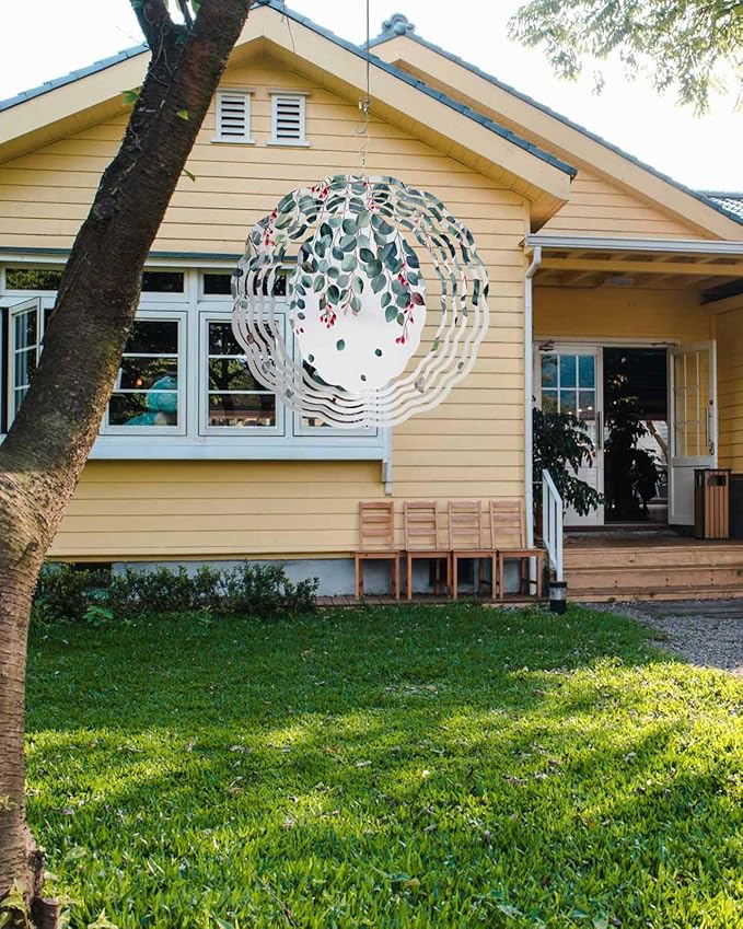 Stainless Steel Wind Spinner for Yard Garden Decoration, Leaves Branch Fruit Watercolor Spring Summer Round Wind Sculpture Spinner 3D Crafts Hanging Ornaments for Indoor Outdoor, 8 Inch