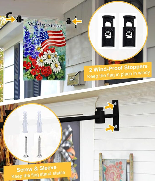 Koutemie Wall Garden Flag Stand Holder Pole with Stoppers for 12 x 18 Outside Small Yard Flags Décor, One Piece Wall Mounted Metal Garden Flag Scroll Hanger for Mailbox Post, Black, 2 Pack