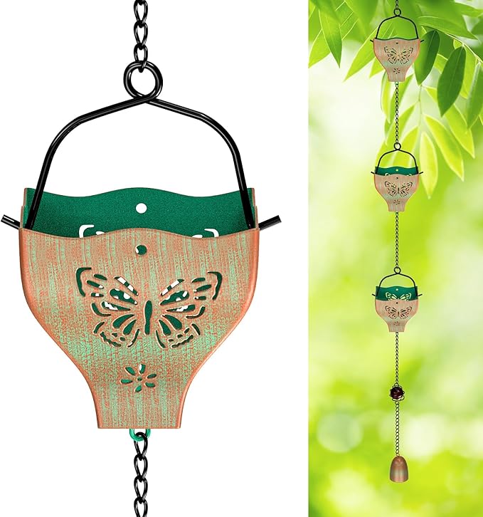 7.8ft Rain Chains for Outside, 8 Cups Copper Plated Lotus Rain Chain Cups, Adjustable Rain Catcher Chain with Bell for Eaves Drainage, Replacement for Downspout (Butterfly+Retro Green)