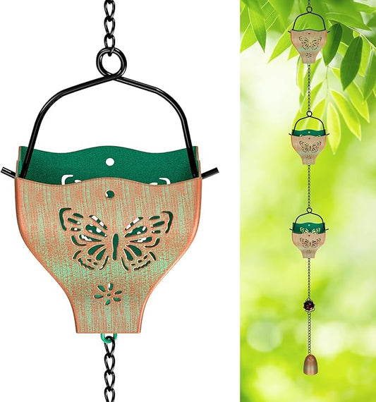 7.8ft Rain Chains for Outside, 8 Cups Copper Plated Lotus Rain Chain Cups, Adjustable Rain Catcher Chain with Bell for Eaves Drainage, Replacement for Downspout (Butterfly+Retro Green)