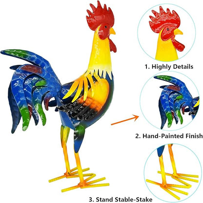 Metal Rooster Yard Art Chicken Garden Outdoor Decor, Metallic Roosters Statue & Sculpture Decorations for Kitchen Farm Lawn Patio Backyard Housewarming