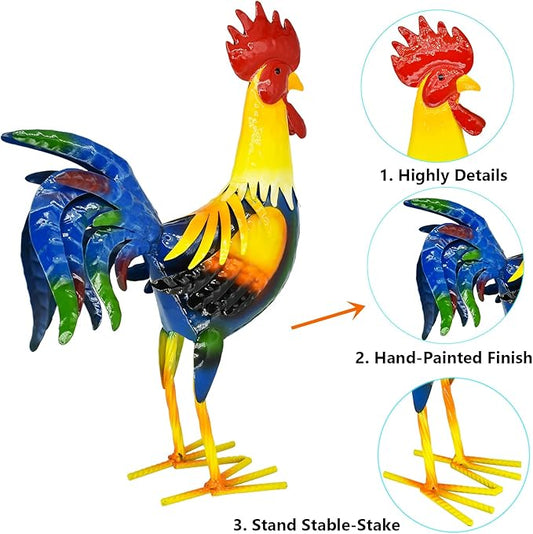Metal Rooster Yard Art Chicken Garden Outdoor Decor, Metallic Roosters Statue & Sculpture Decorations for Kitchen Farm Lawn Patio Backyard Housewarming
